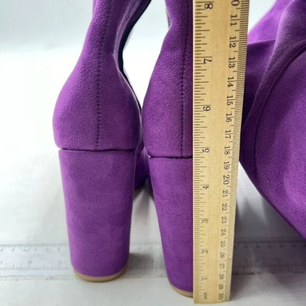 Women Thick High Heel Knee High Long Boots Closed Toe Pull On Faux Sued Purple